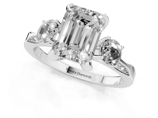 Fancy Black Emerald Cut Diamond Three-Stone Ring Set in White gold with Pavé Band and Smaller Side Stones – second view
