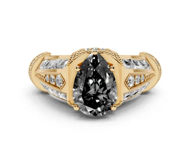 Pear-Shaped Vintage Milgrain Engagement Ring Setting for a Black Center | Hidden Halo | Yellow Gold