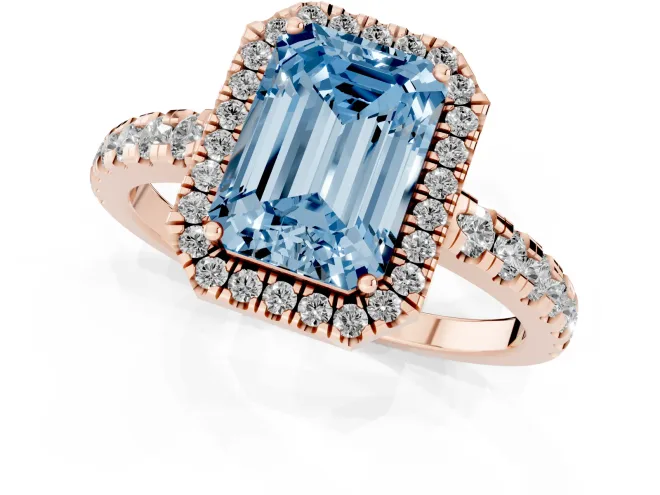 Fancy Blue Emerald Cut Diamond Halo Ring Set in Rose gold with Delicate Pavé Band and Prong Setting – second view