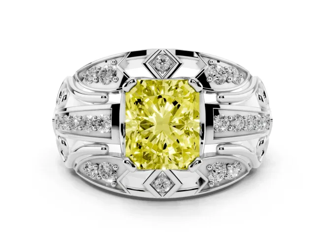 Fancy Yellow Radiant Cut Diamond Art Deco Ring Set in Silver with Pavé Split Shank