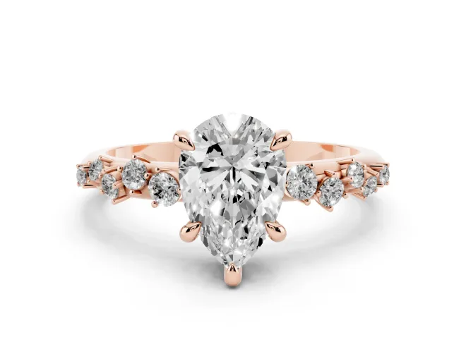Pear Cut Diamond Solitaire Vine Band Ring Set in Rose gold with Round Accents and Prong Setting