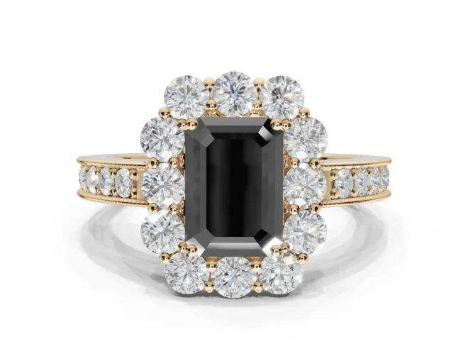 Emerald Cut Vintage Halo Engagement Ring Setting for a Black Center | Yellow Gold