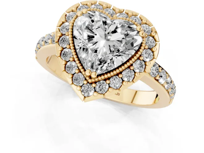 Heart Cut Diamond Halo Ring Set in Yellow gold with Pavé Shank and Prong Setting – second view