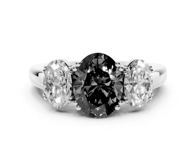 Fancy Black Oval Cut Diamond Three-Stone Ring Set in Silver with Polished Band and Prong Setting
