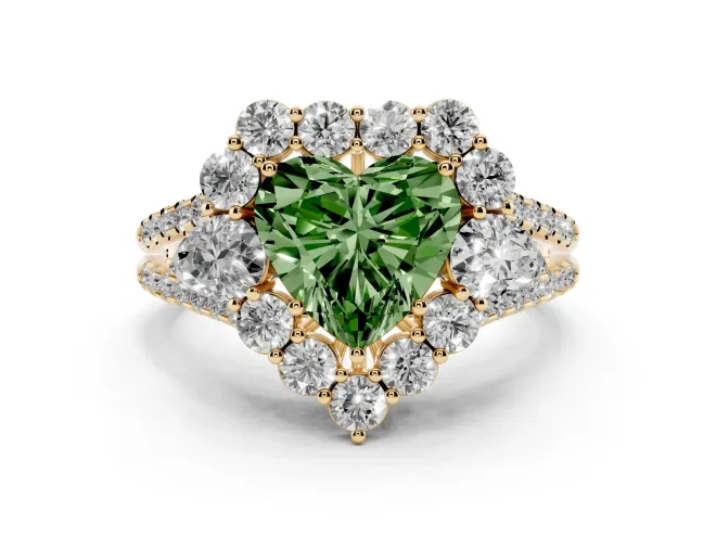 Heart-Shaped Scalloped Halo Engagement Ring Setting for a Fancy Green Lab-Grown Diamond | Pear Side Stones | Yellow Gold