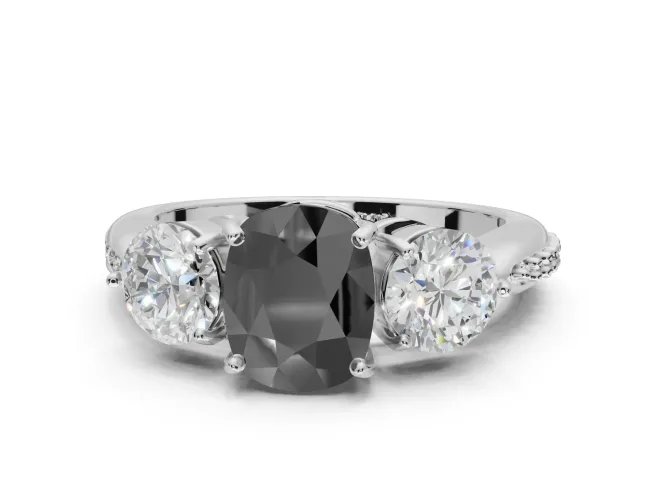 Fancy Black Cushion Cut Lab-Grown Diamond Three-Stone Ring Set in Sterling Silver with Channel-Set Band and Prong Setting