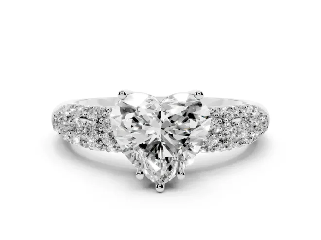 Heart-Shaped Multi Row Pavé Solitaire Engagement Ring Setting | Domed Shoulders | White Gold