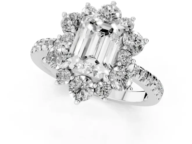 Emerald Cut Diamond Floral Halo Ring Set in White gold with Round Pavé Band and Prong Setting – second view