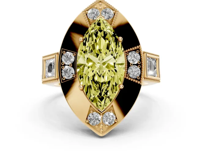 Fancy Yellow Marquise Cut Diamond Milgrain Halo Ring Set in Yellow gold with Split Shank