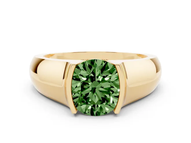 Fancy Green Round Cut Diamond Bezel Solitaire Ring Set in Yellow gold with Wide Band