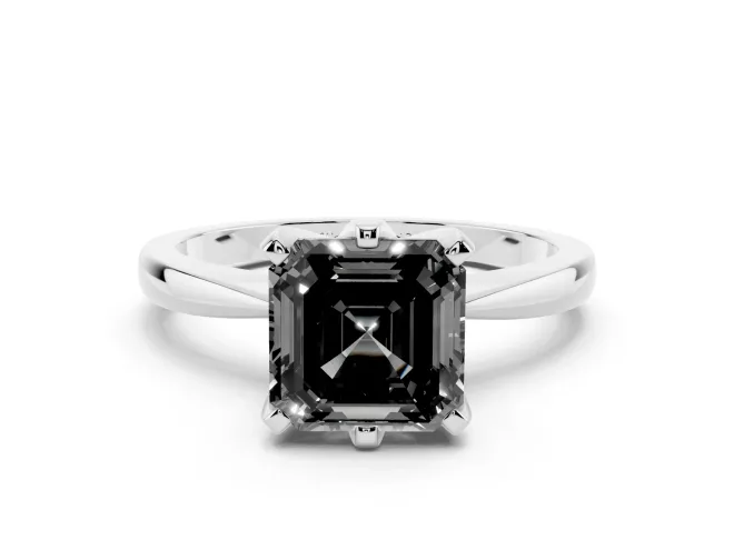 Fancy Black Asscher Cut Diamond Solitaire Engagement Ring Set in Silver with Slim Tapered Solitaire Band