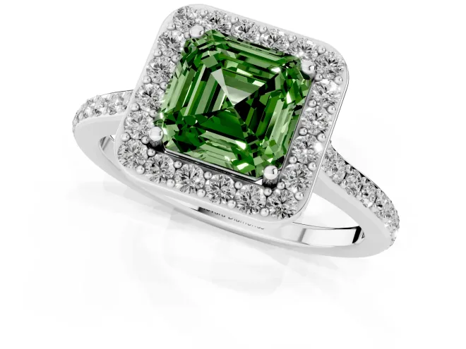 Fancy Green Asscher Cut Diamond Halo Engagement Ring Set in Silver with Round Pavé Shoulders and Heart Gallery – second view
