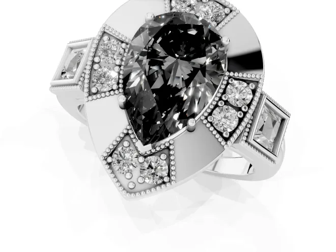 Fancy Black Pear Cut Diamond Milgrain Halo Ring Set in White gold with Split Shank – second view