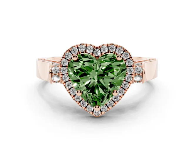 Fancy Green Heart Cut Diamond Halo Ring Set in Rose gold with Twist Band and Pavé Accents