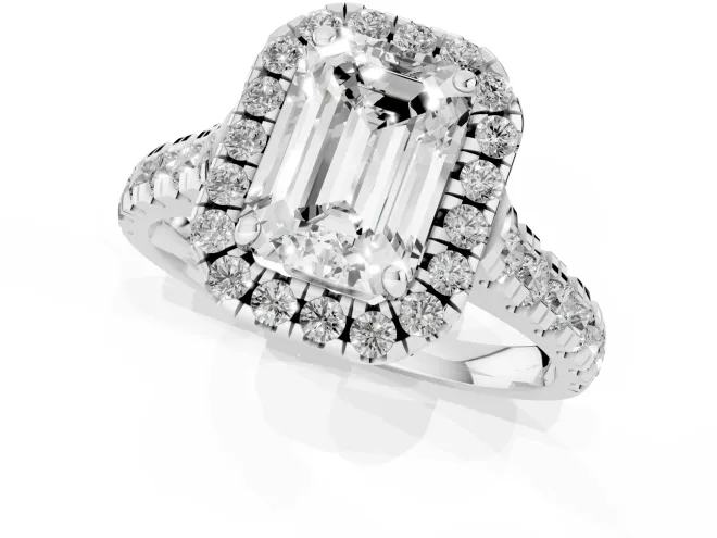 Emerald Cut Diamond Halo Engagement Ring Set in White gold with Pavé Band and Prong-Set Center – second view