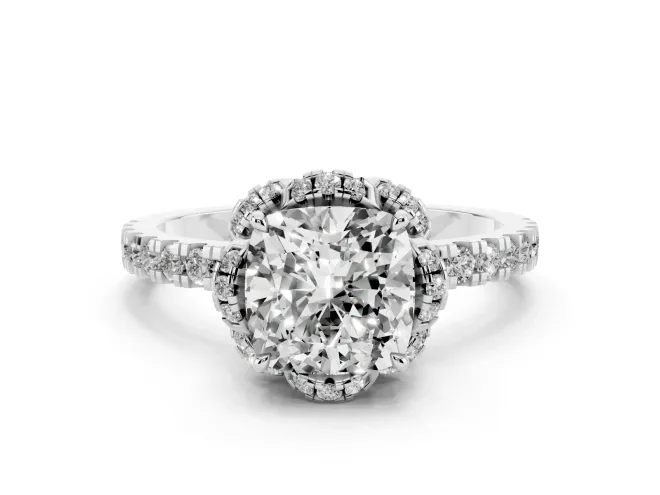 Cushion Cut Diamond Halo Pavé Band Ring Set in White gold with Prong-Held Center