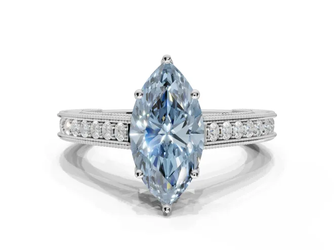Marquise Vintage Engraved Pavé Engagement Ring Setting for a Fancy Blue Lab-Grown Diamond | Milgrain Edges | Platinum