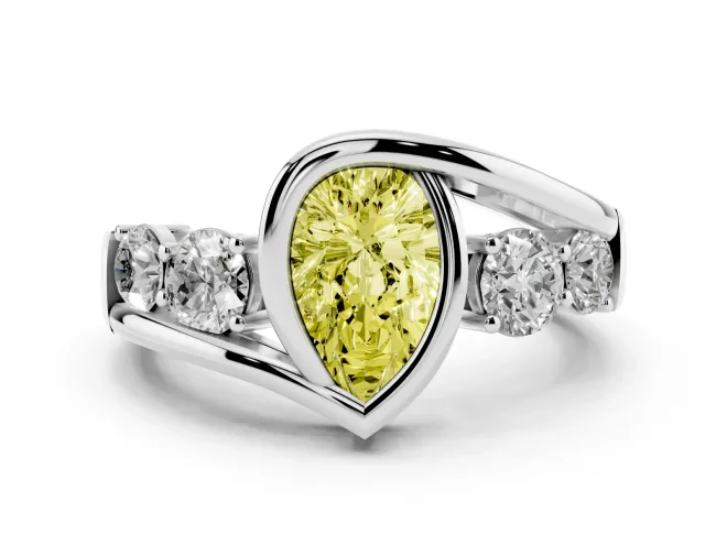 Fancy Yellow Pear Cut Diamond Bezel Bypass Ring Set in White gold with Round Accents