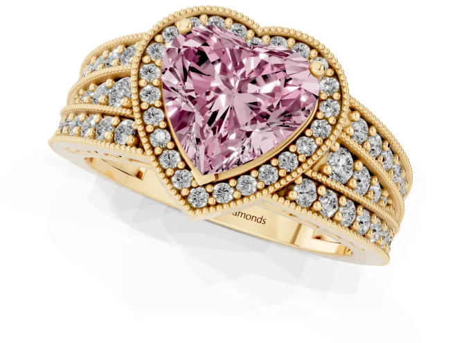 Fancy Pink Heart Cut Diamond Halo Ring Set in Yellow gold with Accent Split Shank and Prong Setting – second view