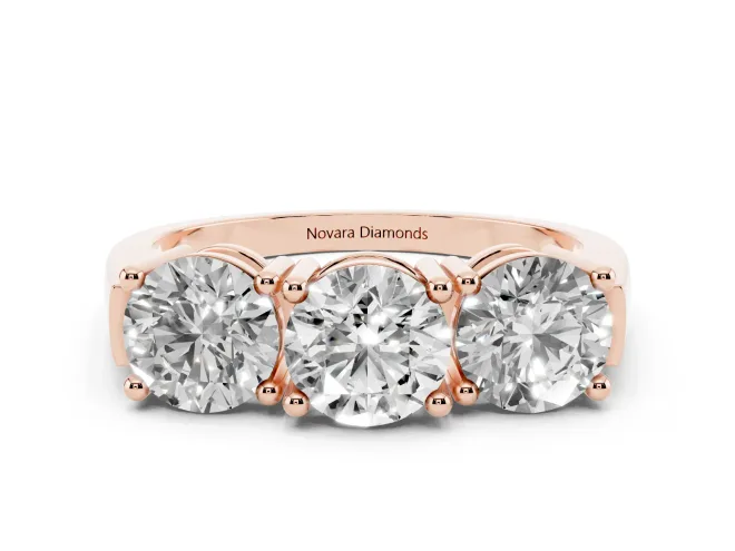 Round Cut Diamond Three-Stone Ring Set in Rose gold with Channel Band and Sturdy Prongs
