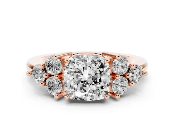 Cushion Cut Cluster Side Stone Engagement Ring Setting | Plain Band | Rose Gold