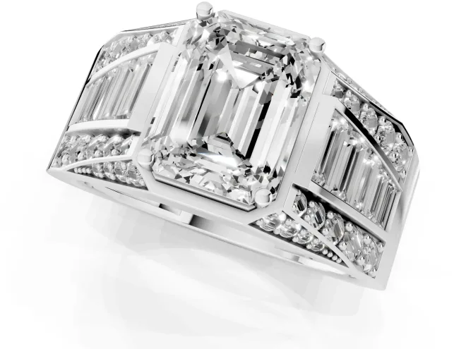 Emerald Cut Diamond Mens Ring Set in White gold with Baguette and Round Side Stones – second view