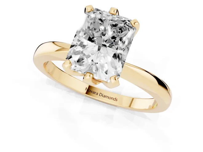 Radiant Cut Diamond Solitaire Engagement Ring Set in Yellow gold with Slim Tapered Solitaire Band – second view