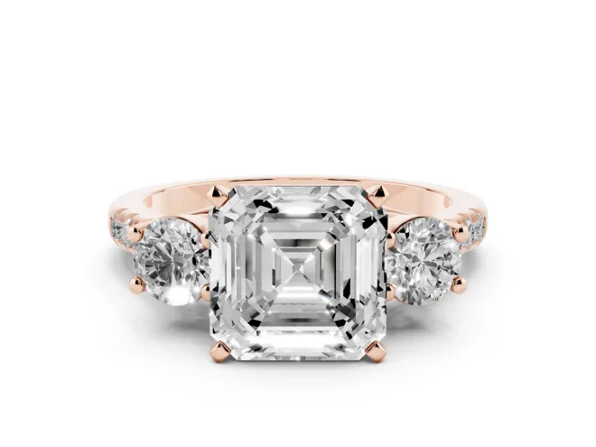 Asscher Cut Three-Stone Pavé Engagement Ring Setting | Round Side Stones | Rose Gold