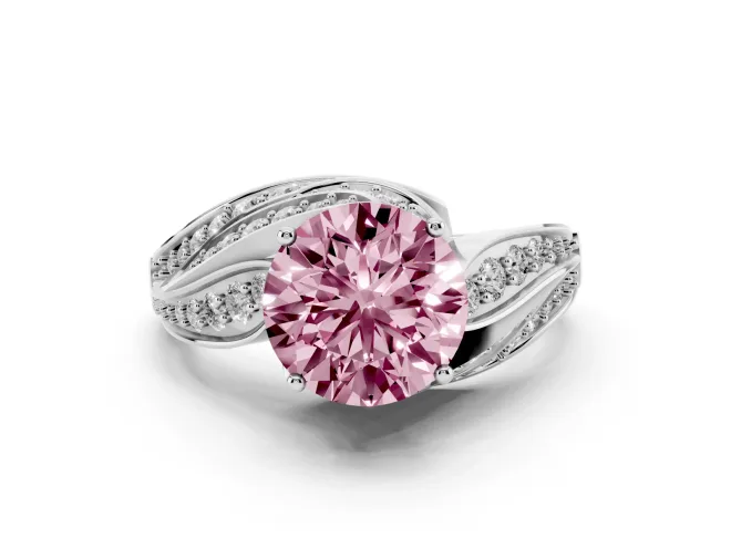 Fancy Pink Round Cut Diamond Solitaire Ring Set in White gold with Layered Twist Pavé Band
