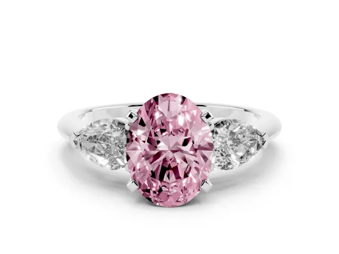 Oval Three-Stone Ring Setting for a Fancy Pink Lab-Grown Diamond | Pear Side Stones | White Gold