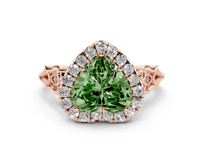Heart-Shaped Halo Engagement Ring Setting for a Fancy Green Lab-Grown Diamond | Filigree Shoulders | Rose Gold