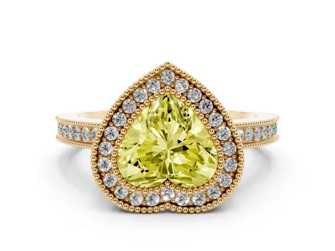 Fancy Yellow Heart Cut Diamond Round Halo Ring Set in Yellow gold with Pavé Band