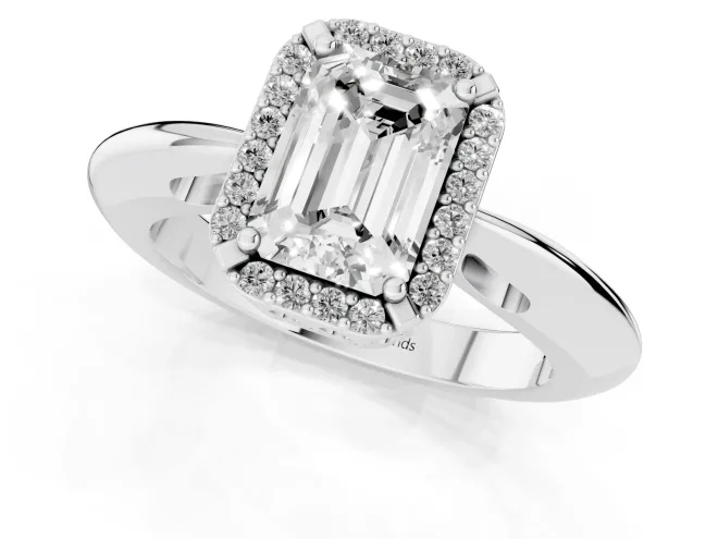 Emerald Cut Diamond Halo Engagement Ring Set in White gold with Plain Split Shank and Prong Setting – second view