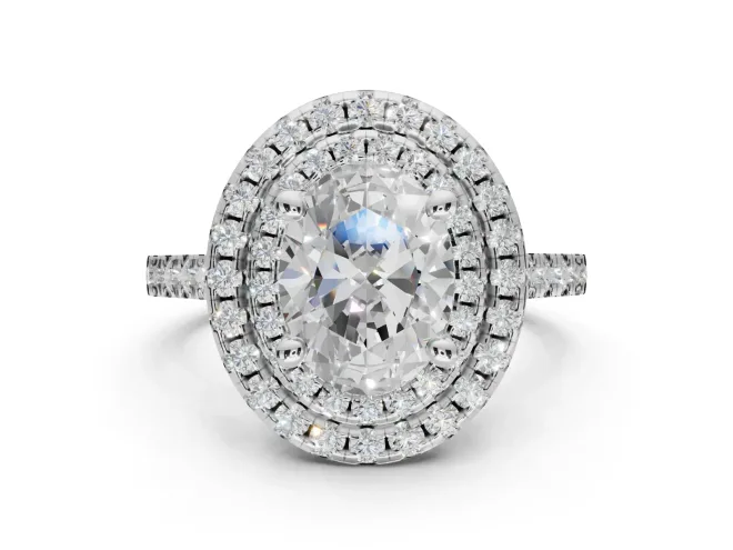 Oval Double Halo Engagement Ring Setting | Pavé Shoulders | White Gold
