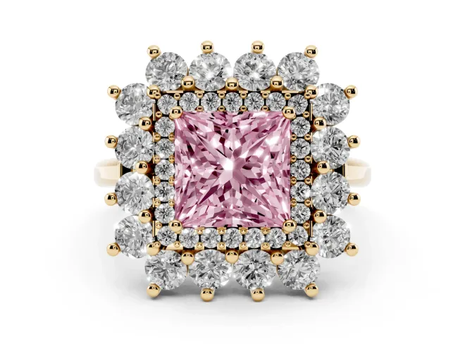 Princess Cut Floral Double Halo Engagement Ring Setting for a Fancy Pink Lab-Grown Diamond | Plain Band | Yellow Gold