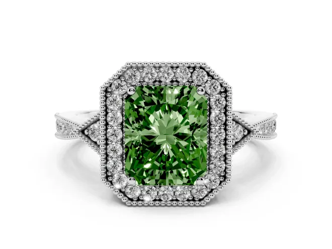 Radiant Cut Milgrain Halo Engagement Ring Setting for a Fancy Green Lab-Grown Diamond | Graduated Pavé | White Gold