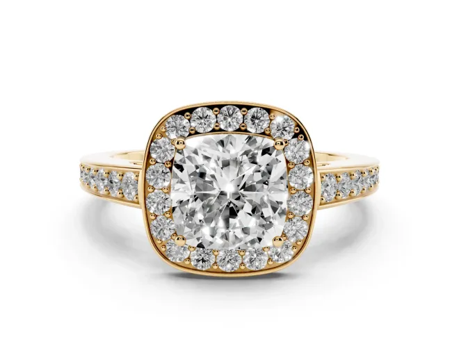 Cushion Cut Framed Halo Engagement Ring Setting | Graduated Pavé Band | Yellow Gold