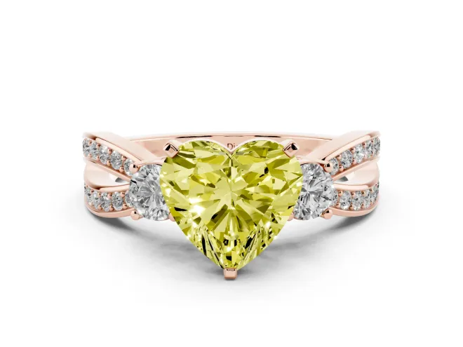 Heart-Shaped Three-Stone Twist Engagement Ring Setting for a Fancy Yellow Lab-Grown Diamond | Rose Gold