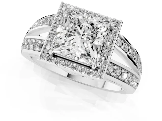 Princess Cut Halo Engagement Ring Setting | Two-Row Pave Split Shank | Platinum – second view