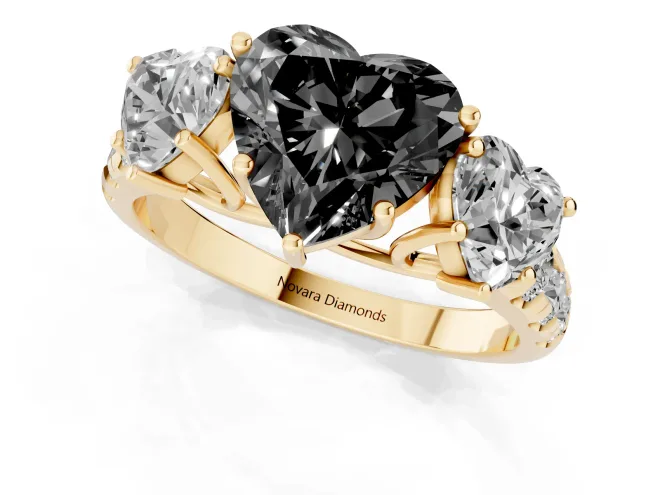 Fancy Black Heart Cut Diamond Three-Stone Ring Set in Yellow gold with Pavé Band – second view