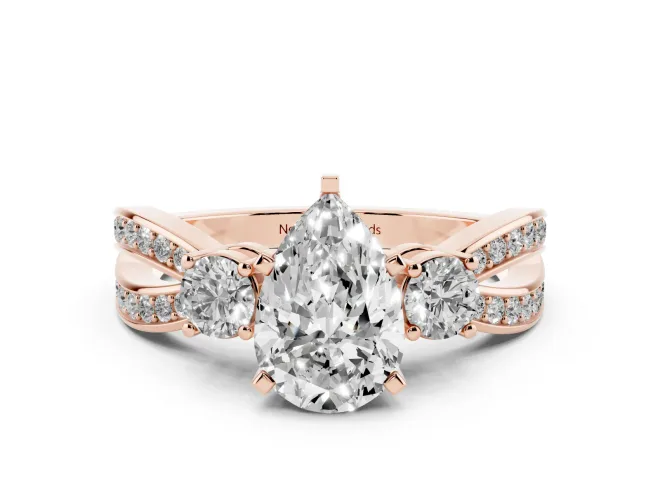 Pear-Shaped Three-Stone Pavé Twist Engagement Ring Setting | Split Shank | Rose Gold