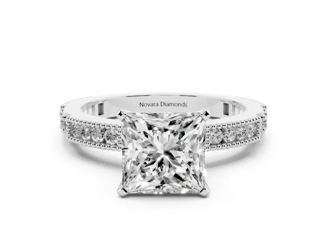 Princess Cut Diamond Solitaire Ring Set in Silver with Slim Pavé Band and Prong Setting
