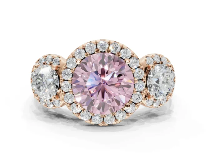 Round Three Stone Halo Engagement Ring Setting for a Fancy Pink Lab-Grown Diamond | Rose Gold