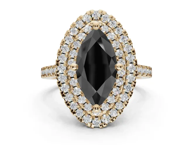 Marquise Double Halo Engagement Ring Setting for a Black Center | Pavé Shoulders | Yellow Gold