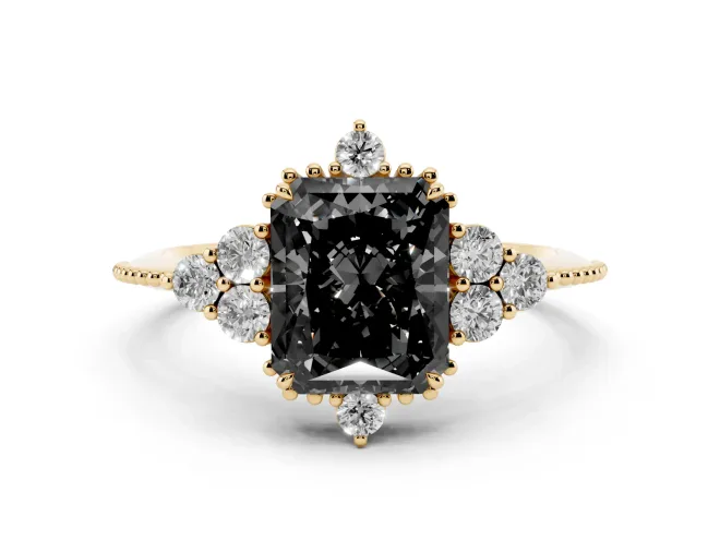 Fancy Black Radiant Cut Diamond Cluster Ring Set in Yellow gold with Beaded Band
