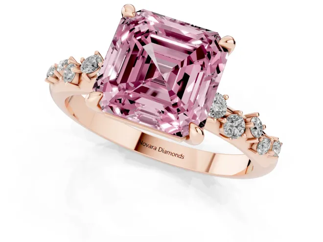 Fancy Pink Asscher Cut Diamond Solitaire Vine Band Ring Set in Rose gold with Round Accents and Prong Setting – second view