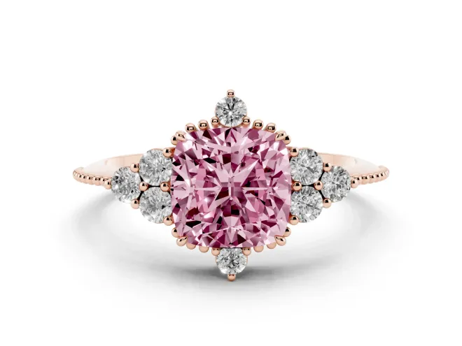 Fancy Pink Cushion Cut Diamond Cluster Ring Set in Rose gold with Beaded Band