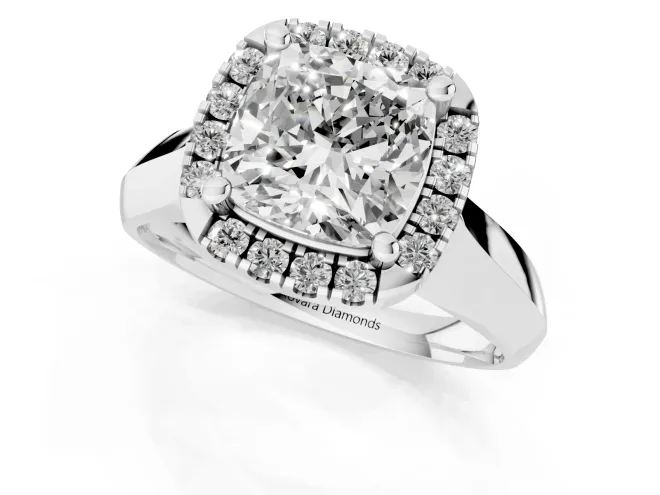 Cushion Cut Diamond Halo Solitaire Engagement Ring Set in White gold with Square Band and Prong Setting – second view