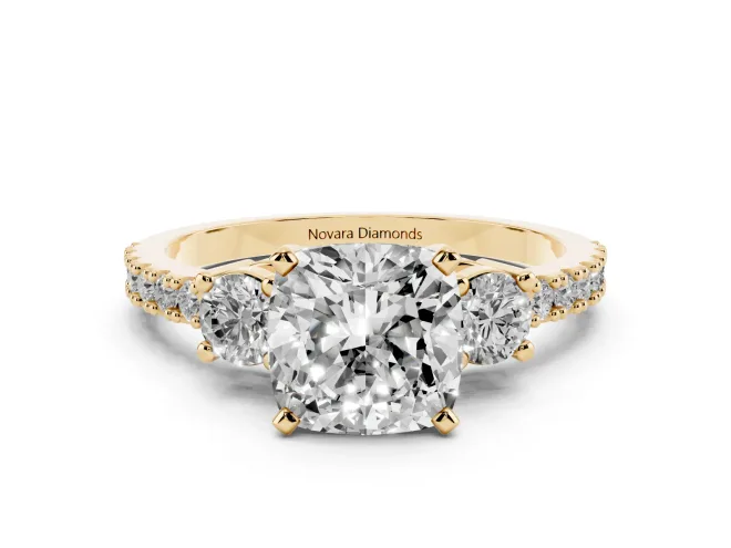 Cushion Cut Three Stone Pavé Engagement Ring Setting | Round Side Stones | Yellow Gold