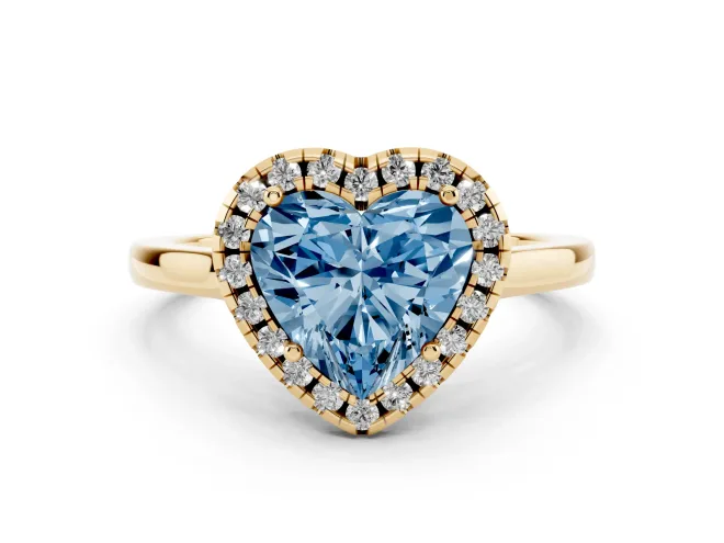 Heart-Shaped Halo Engagement Ring Setting for a Fancy Blue Lab-Grown Diamond | Flat Tapered Band | Yellow Gold